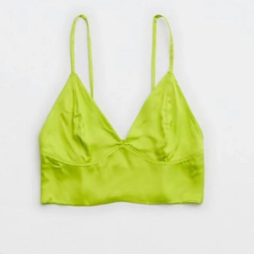 Aerie Lime Green Satin Crop Cami Top V-Neck Size Small Women's
